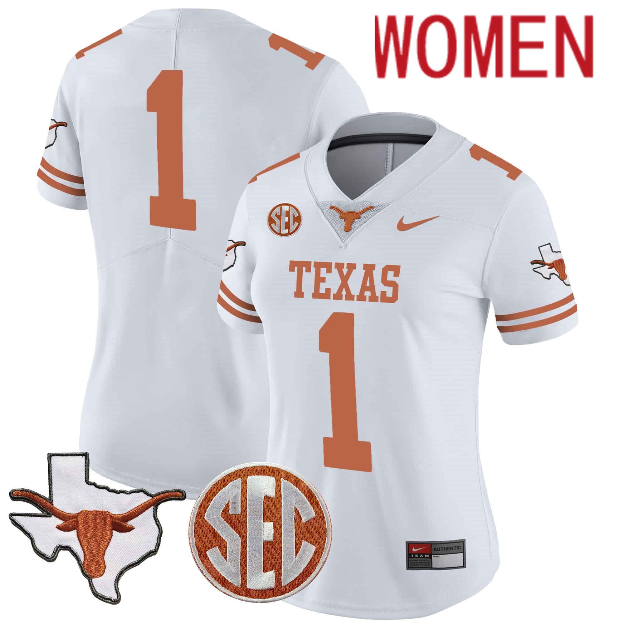 Women Texas Longhorns #1 No Name White 2024 Nike State Map & SEC Patch Vapor NCAA Jersey